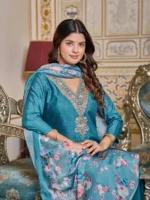 Teal Embroidered Straight Kurta Set - Image 2