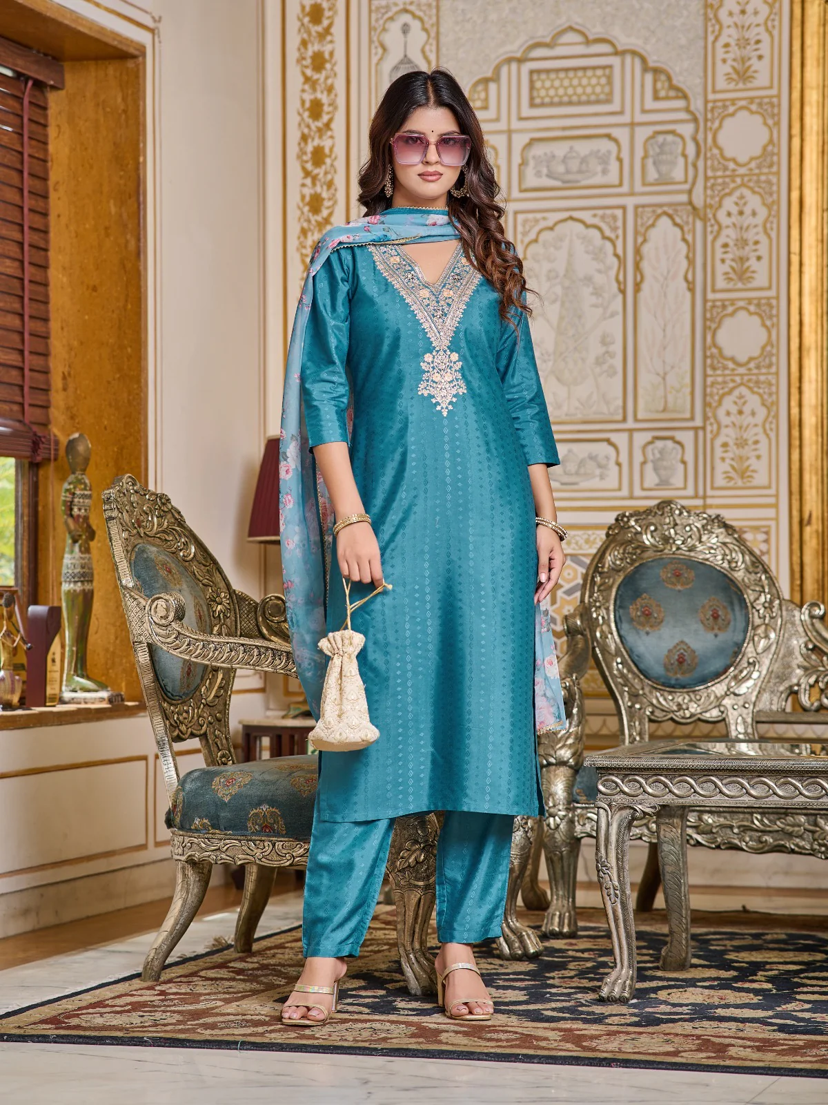 IMG_8354.webp Teal Embroidered Straight Kurta Set - Image 1