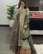 Mint Green & Red Floral Kurta Set for Women – Palazzo with Mughal Embroidery – Wedding/Daytime Occasion Ethnic Wear - Image 4