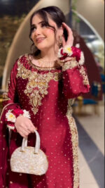 Scarlet Embroidered Straight Kurta Suit with Net Dupatta – Pearl & Zari Detail – Wedding/Evening Ethnic Wear Set for Summer - Image 5