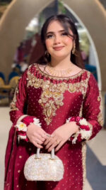 Scarlet Embroidered Straight Kurta Suit with Net Dupatta – Pearl & Zari Detail – Wedding/Evening Ethnic Wear Set for Summer - Image 4