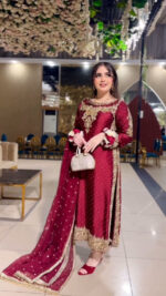 Scarlet Embroidered Straight Kurta Suit with Net Dupatta – Pearl & Zari Detail – Wedding/Evening Ethnic Wear Set for Summer - Image 2