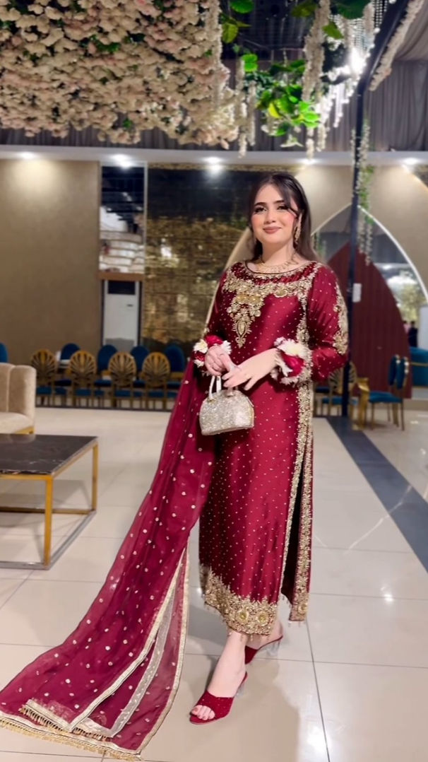 IMG_8914-1.jpeg Scarlet Embroidered Straight Kurta Suit with Net Dupatta – Pearl & Zari Detail – Wedding/Evening Ethnic Wear Set for Summer - Image 1