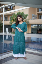 Elegant Teal Straight A Line Kurti Palazzo Set - Image 2