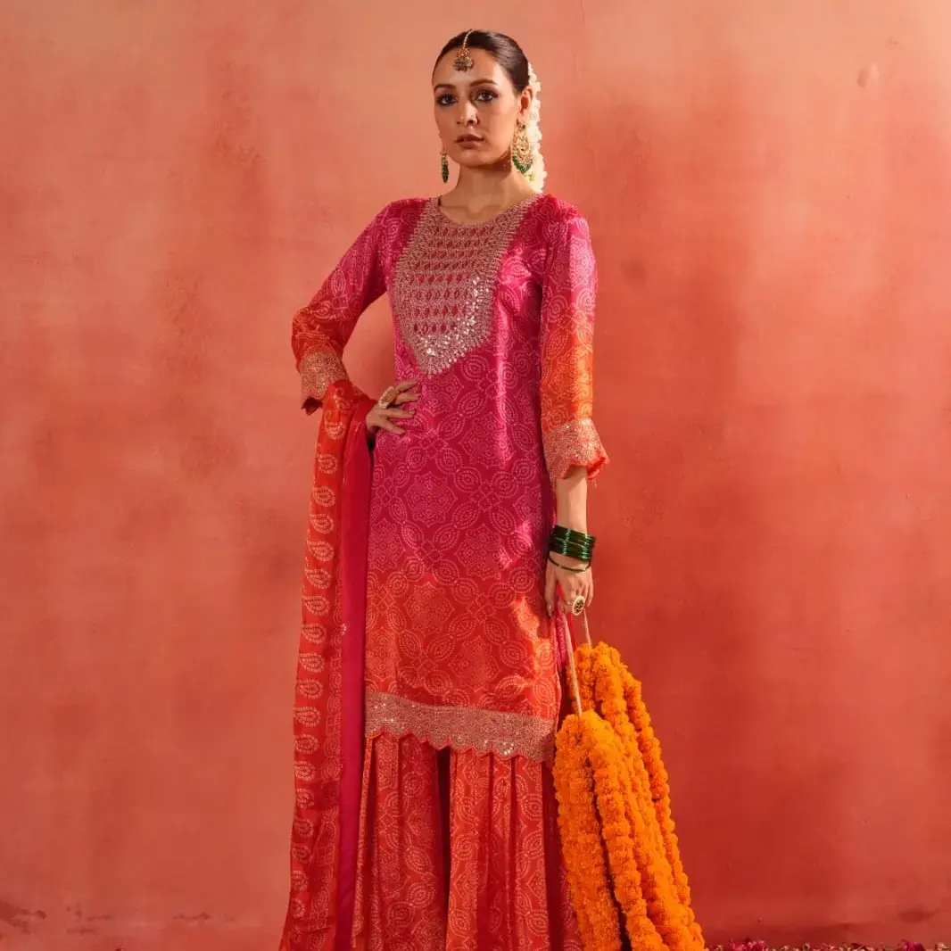 IMG_9106.webp Traditional Bandhani Sharara Set for Women – Mirror Neck Kurta with Dupatta – Perfect for Haldi/Mehendi/Navratri/Wedding - Image 1