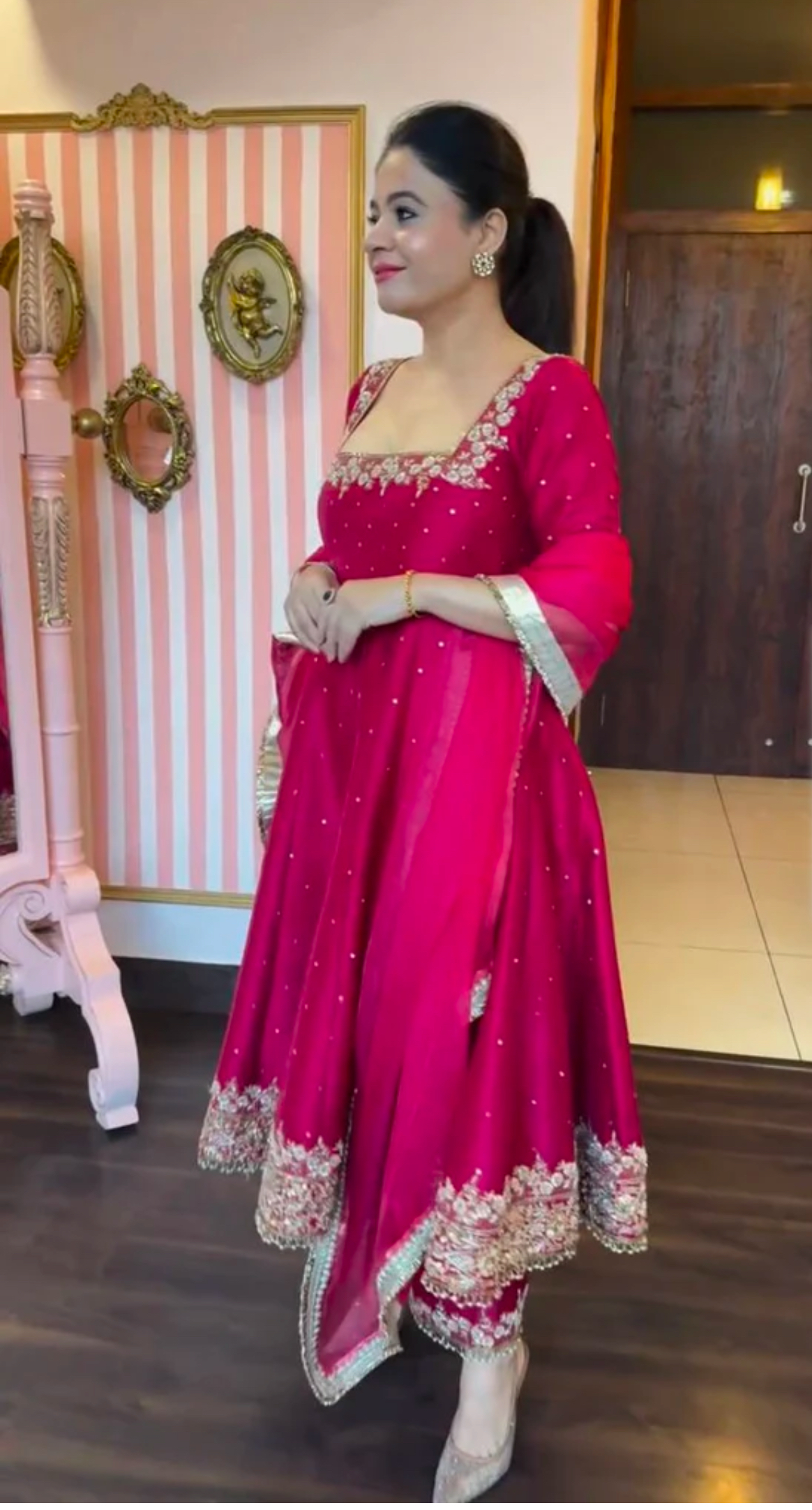 IMG_9181.jpeg Royal Pur Vichitra Hot Pink Anarkali Suit - Image 1