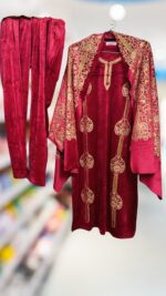 Royal Silk Velvet Embroidered Suit Set with Designer Dupatta and Pant - Image 5