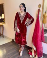 Maroon Velvet Embroidered Kurta Set with Dupatta