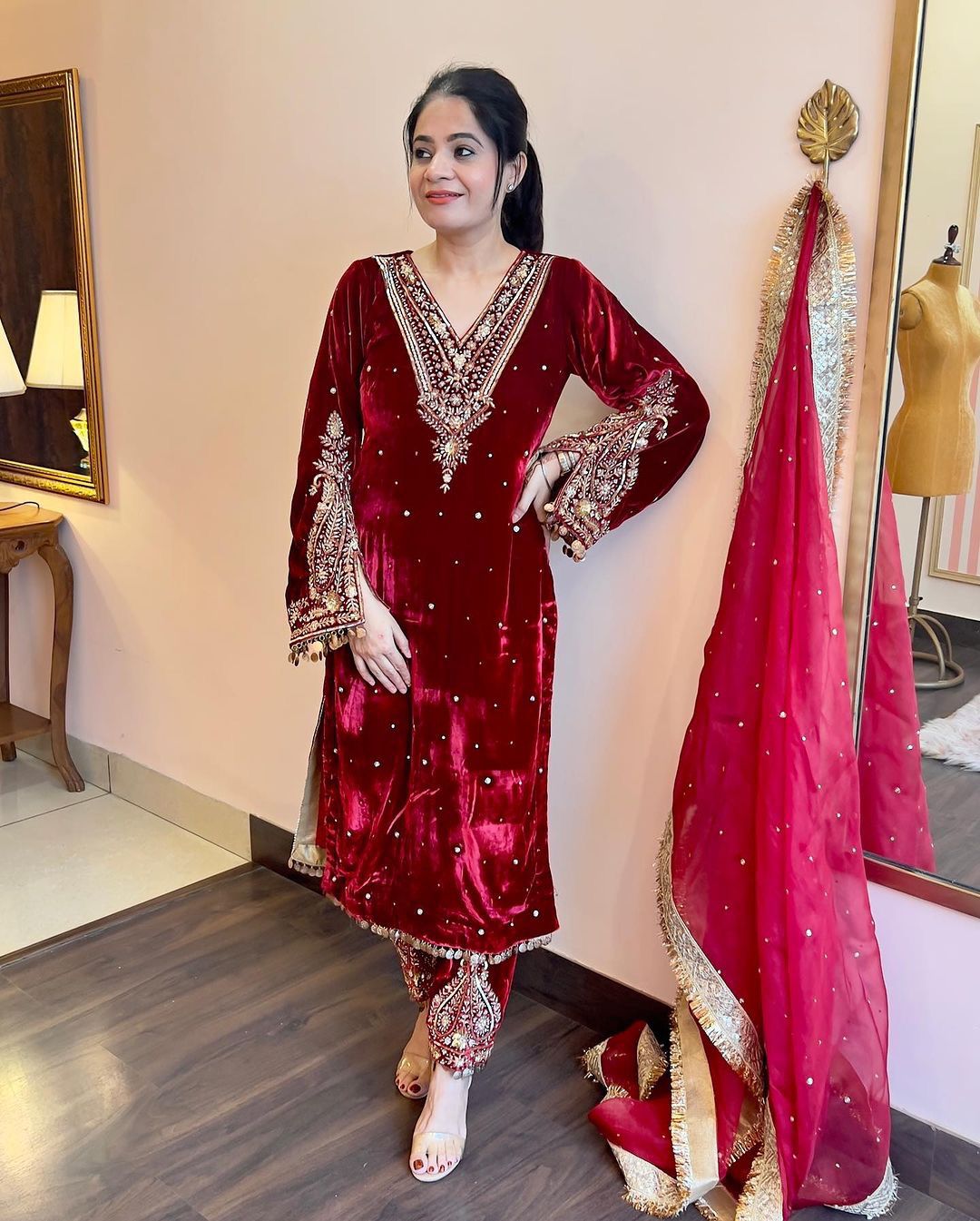 WhatsApp-Image-2024-10-24-at-3.20.19-PM-1.jpeg Maroon Velvet Embroidered Kurta Set with Dupatta - Image 1