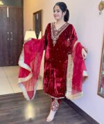 Maroon Velvet Embroidered Kurta Set with Dupatta - Image 2
