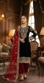 Luxury Black Velvet Pheran Style Suit -Festive Wear - Image 4