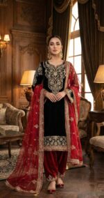 Luxury Black Velvet Pheran Style Suit -Festive Wear - Image 3