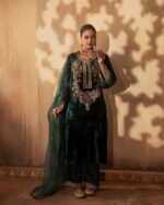 Elegant Green Velvet Embroidered Festive Ensemble - Image 2