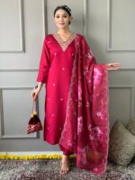 Chanderi Silk Embroidered Kurta Set with Floral Dupatta - Image 2