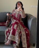 Royal Scarlet Kurta Palazzo And Dupatta Set - Image 3