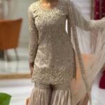 Elegant Gold Embroidered Sharara Set with Intricate Detailing