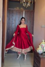 Premium Georgette Rani Red Anarkali Suit for Women – Golden Embroidered with Matching Dupatta – Festive Outfit Ethnic Wear - Image 5