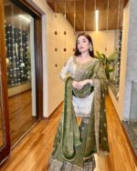 Designer Olive Mirror Work Sharara Suit Set with Golden Kurti & Net Dupatta – Ethnic Evening Wear for Women - Image 2