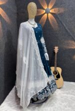Navy Blue Embroidered Anarkali with White Dupatta - Image 7