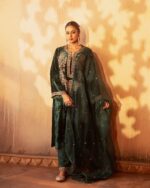 Elegant Green Velvet Embroidered Festive Ensemble - Image 4