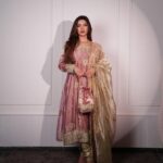 Women's Rose Pink Anarkali Suit Set – Golden Embroidered – Premium Ethnic Wear – Festive/Wedding Wear