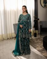 Embroidered Emerald Kurta Palazzo Dupatta Set for Women – Georgette/Net Fabric – Ideal for Wedding & Festive Ethnic Wear
