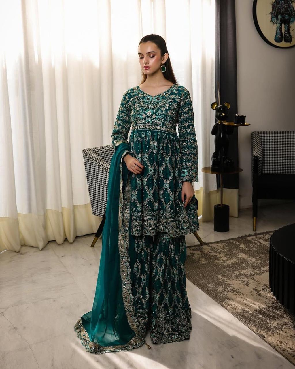 d839f107-8538-467b-8bb6-2493f076152e.jpeg Embroidered Emerald Kurta Palazzo Dupatta Set for Women – Georgette/Net Fabric – Ideal for Wedding & Festive Ethnic Wear - Image 1