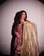 Women's Rose Pink Anarkali Suit Set – Golden Embroidered – Premium Ethnic Wear – Festive/Wedding Wear - Image 4