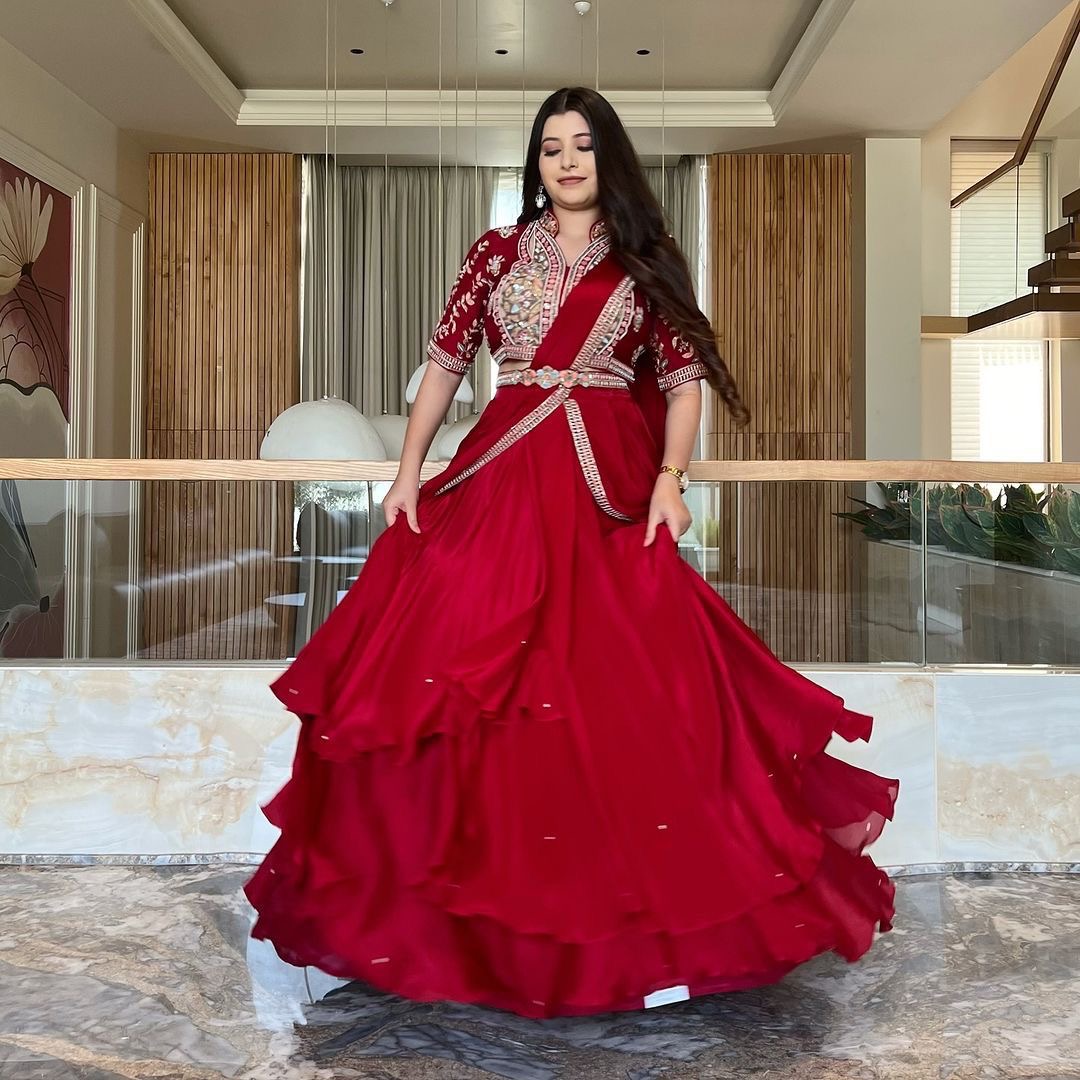 dd883783-277d-4c3a-a286-b227fbeabb57.jpeg Scarlet Sensation Premium Silk Ruffle Saree With Embroidered Blouse And Belt - Image 1