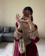 Wine Georgette Embroidered Kurti Sharara Set With Heavy Dupatta - Image 4