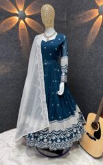 Navy Blue Embroidered Anarkali with White Dupatta - Image 8