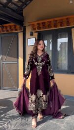 Imperial Maroon Velvet Ensemble with Exquisite Gold Embroidery - Image 2