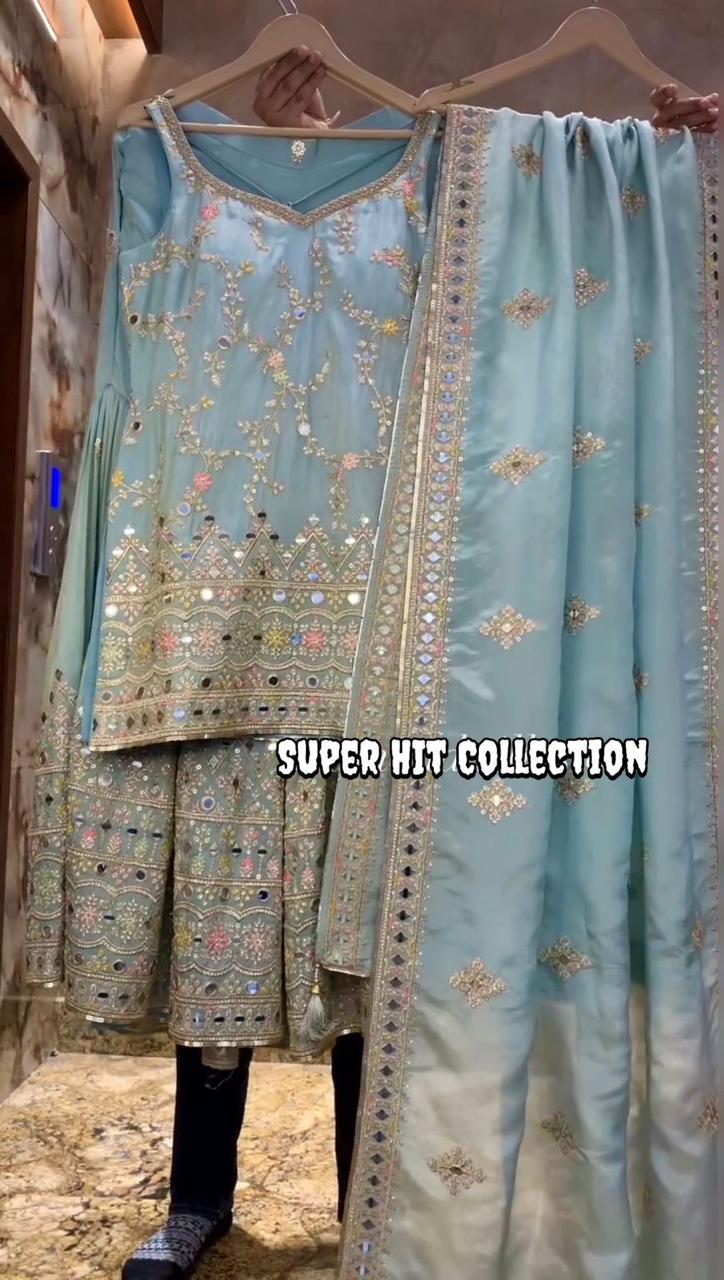 ed528323-438d-4ad3-86d7-10710f08549c.jpeg Mirror Embroidered Peplum Sharara Set - Image 1