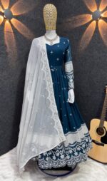 Navy Blue Embroidered Anarkali with White Dupatta - Image 6