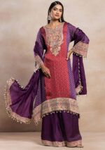 Red And Purple Bandhani Print Kurta Set With Palazzo And Dupatta - Image 3