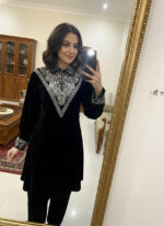 Neck Sequence Embroidery Work with Collar Velvet Cord Set - Image 2