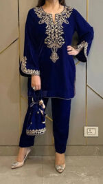 Neck Embroidery work Velvet Kurti Pant Set (Stitched) - Image 6