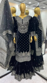 Luxnetics Silver Thread Embroidery work Reasdy to wear Velvet Kurti Sharar Set
