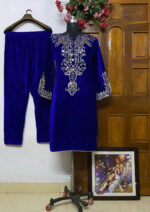 Neck Embroidery work Velvet Kurti Pant Set (Stitched) - Image 9
