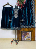 Winter Special Velvet Kurti Pallazo Dupatta Set (Stitched) - Image 2