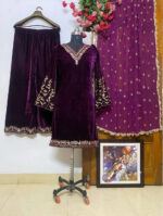 Lace work Velvet Kurti Pant Set ( Stitched) - Image 4