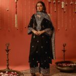 Luxnetics Designer Embroidery Work Velvet Kurti Pant Dupatta Set (Ready to Wear)