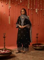 Luxnetics Designer Embroidery Work Velvet Kurti Pant Dupatta Set (Ready to Wear)