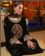 Winter Special Designer Black Velvet Kurti Pant Dupatta Set - Image 3
