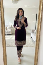 Zari Embroidery Work Ready to Wear Velvet Kurti Pant Set