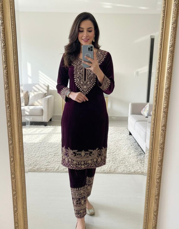 Zari Embroidery Work Ready to Wear Velvet Kurti Pant Set