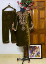 Neck Embroidery work Velvet Kurti Pant Set (Stitched) - Image 8