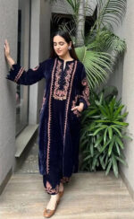 Designer Embroidery work Velvet Kurti Pant Set (Ready to wear) - Image 2