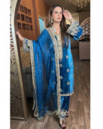 Premium Thread Embroidery work Velvet Kurti Pant Dupatta Set (Stitched) - Image 2