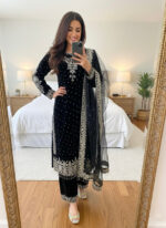 Luxnetics Moti Work Designer Ready to Wear Velvet Kurti Pant Dupatta Set - Image 2